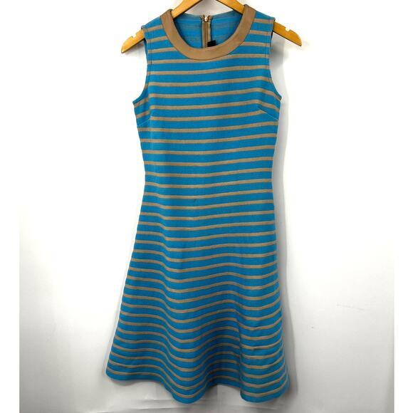 St. John Dress Blue Tan Striped Sleeveless Crewneck A-Line Fit & Flare Wool Knit - Picture 1 of 6